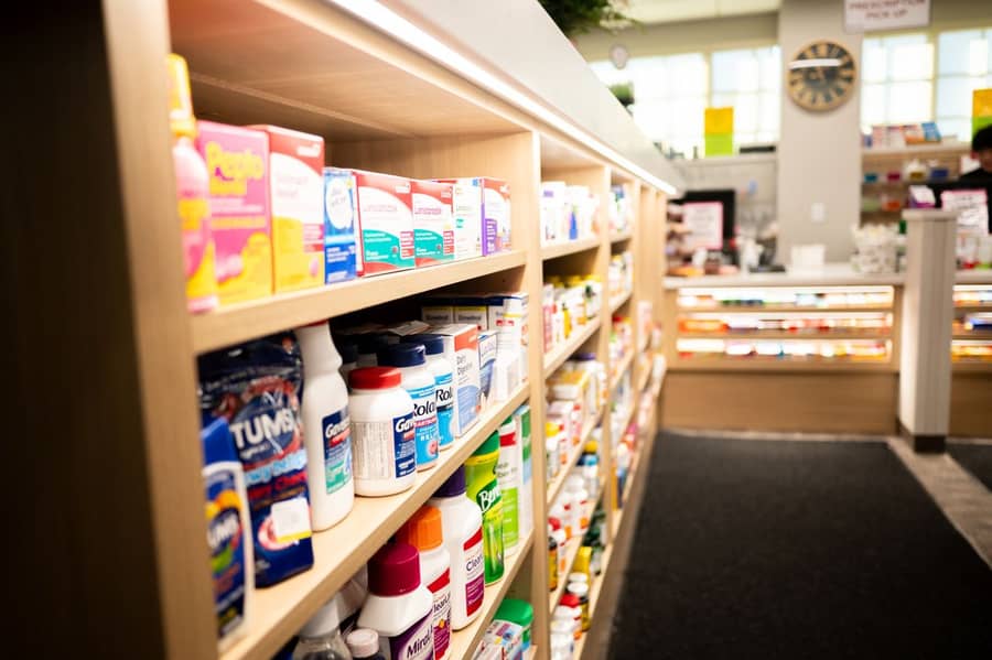 Over-the-counter product aisle in the pharmacy
