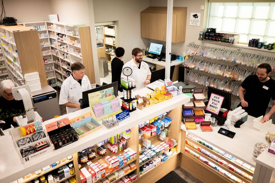Health and personal care products on pharmacy shelves